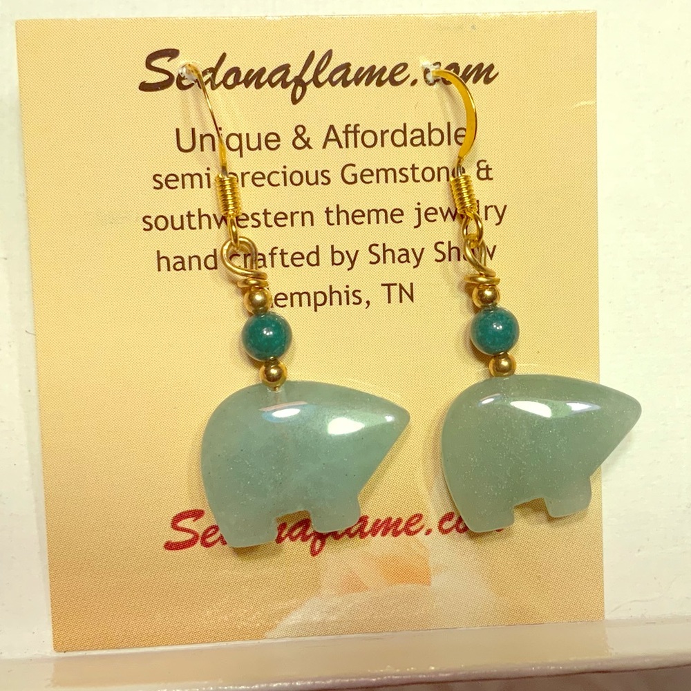 Green Gemstone Zuni Bear Earrings made w-Swarovski